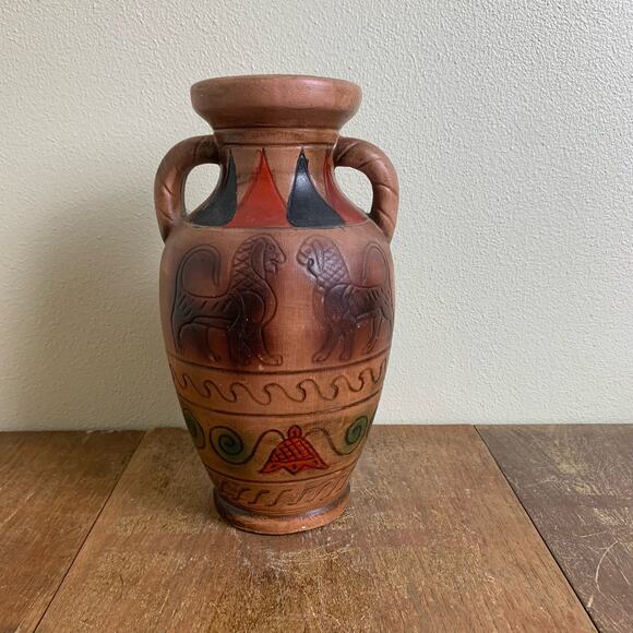 Vintage Egyptian Motif Hand‎ Painted Vase With Handles Ceramic Pottery - Picture 1 of 6